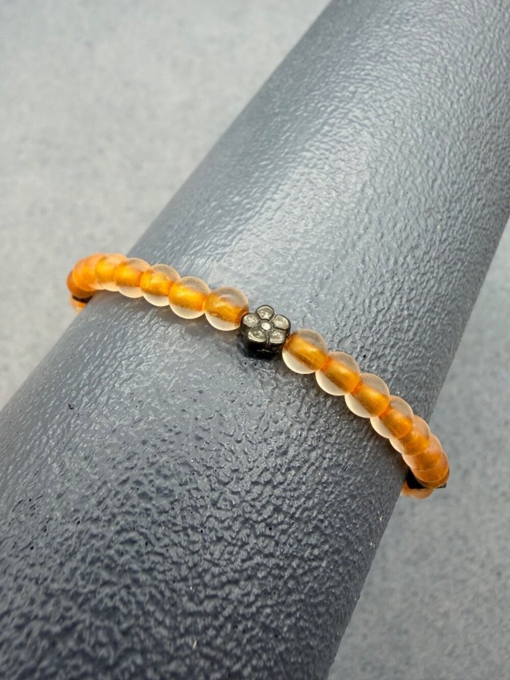 Amber Glass Beaded Bracelet 7 In Orange Silver Flower Chain Retro Vintage